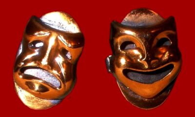 Tragedy and Comedy theatrical mask cufflinks made of copper. KIM craftsmen vintage costume jewelry