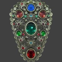 Floral design filigree silver tone metal multicolor rhinestone dress clip