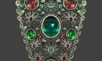 Floral design filigree silver tone metal multicolor rhinestone dress clip