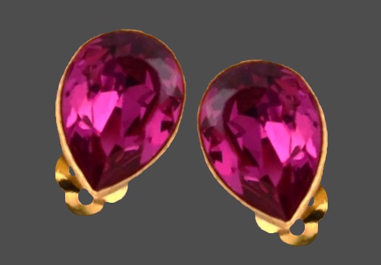 Fuxia pink teardrop gold tone clip-on earrings