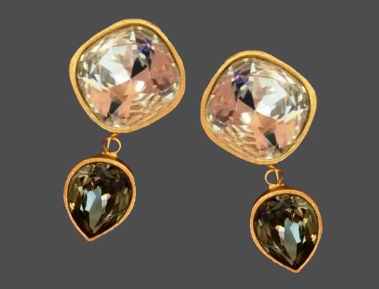 Smoky quartz gold tone dangle clip-on earrings. 1980s