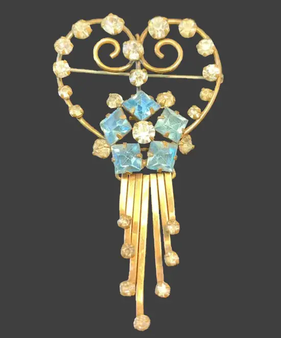 12 K gold filled blue and clear rhinestone brooch pendant