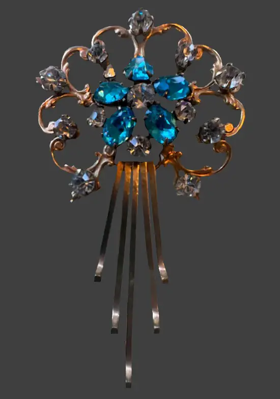 12 K gold filled blue rhinestone brooch pendant. 1940s
