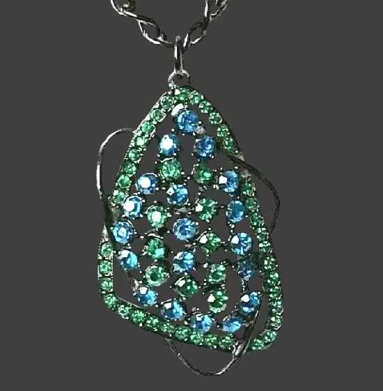 Blue and green rhinestone silver tone pendant