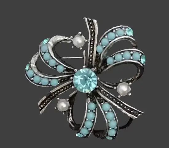 Bow design silver tone glass beads crystal faux pearl brooch