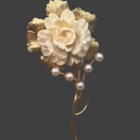Carved shell rose flower 12 K gold filled faux pearl brooch