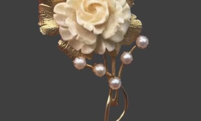 Carved shell rose flower 12 K gold filled faux pearl brooch