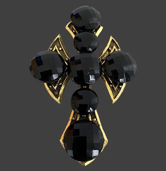 Celtic cross gold tone black rhinestones brooch