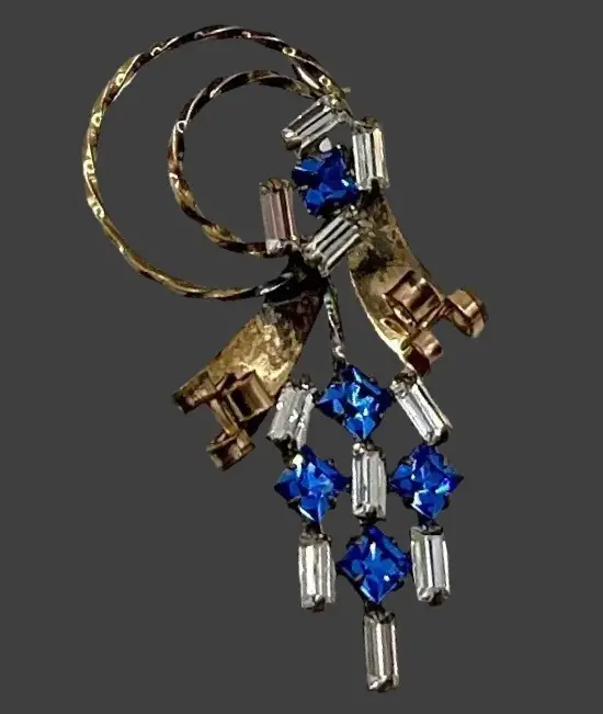 Clear baguette and blue rhinestone 12 K gold filled brooch pendant. 1950s