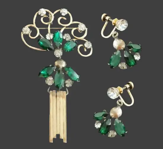 Emerald green rhinestone 12 K gold filled pendant brooch pin and screw back earrings