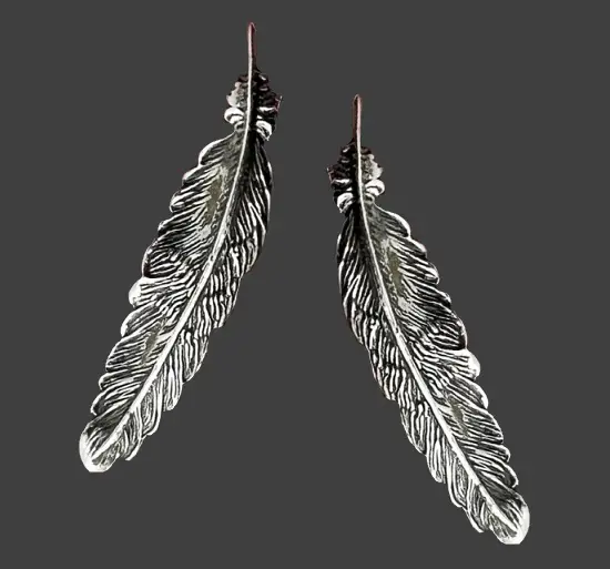 Feather design etched sterling silver earrings