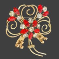 Floral design red and clear crystal 12 K gold filled brooch pin pendant