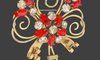 Floral design red and clear crystal 12 K gold filled brooch pin pendant