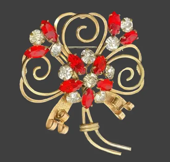 Floral design red and clear crystal 12 K gold filled brooch pin pendant