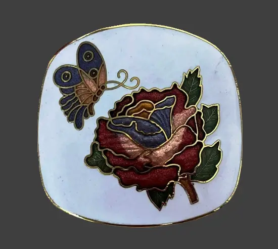 Flower and butterfly gold tone cloisonne enamel belt buckle. Made in Taiwan