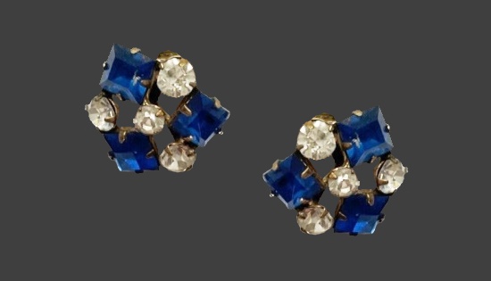 Gold filled blue and clear rhinestone screw back earrings