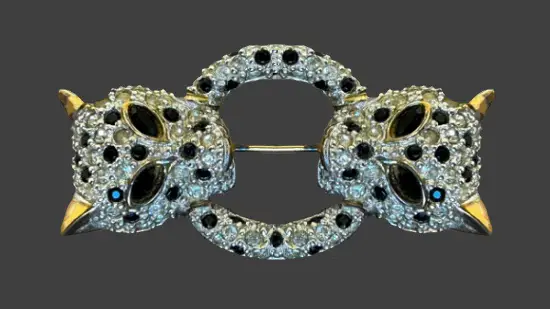 Leopard head Sterling silver gold tone rhinestone brooch