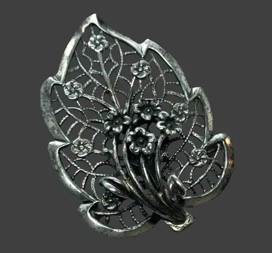 Mid-century filigree design flower bouquet and leaf sterling silver brooch