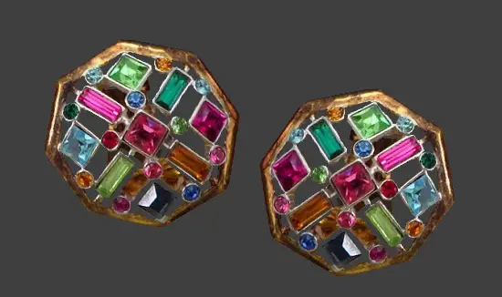 Multicolor baguette rhinestone cubic zirconia gold plated sterling silver earrings