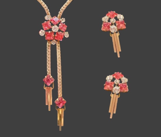 Pink and clear rhinestone 12 K gold filled floral design necklace and earrings. 1940s