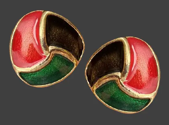 Red green and black enamel swirl design clips of gold tone