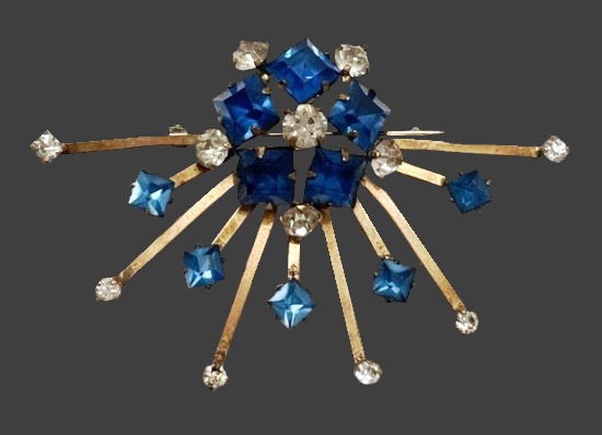Snowflake star design brooch, 12 K gold filled, blue and clear rhinestones. Bar-Jam vintage gold filled jewelry