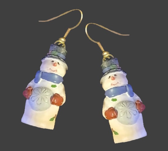 Snowman hand painted enamel dangle earrings