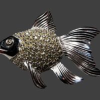 Textured sterling silver fish brooch. 1980s. Signed Cam Ber Vintage Costume Jewelry