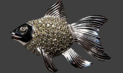 Textured sterling silver fish brooch. 1980s. Signed Cam Ber Vintage Costume Jewelry