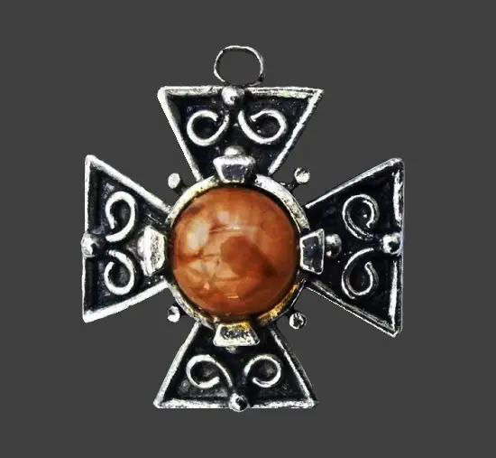 Traditional Celtic cross which represents four cardinal directions (North, South, East, and West), and the four elements (Earth, Air. Silver tone faux agate pendant