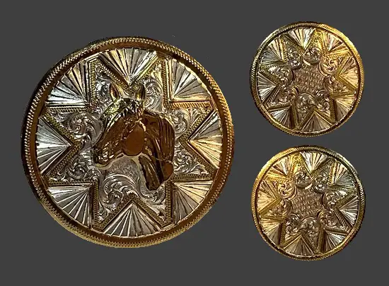 Horse head and star gold and silver round brooch and earrings