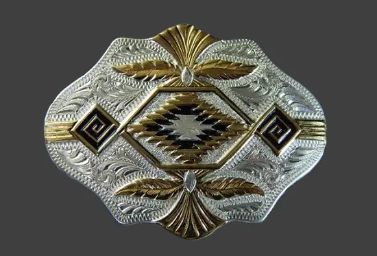 Southwest designed custom made sterling silver and gold brooch
