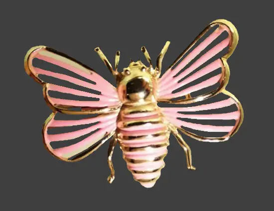 Bee moth white enamel gold tone brooch