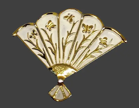 Fan with floral and butterfly design gold tone white enamel brooch