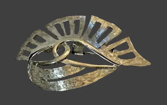Modernist silver tone openwork leaf brooch