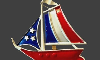 Patriotic US flag white red and blue enamel sailboat brooch