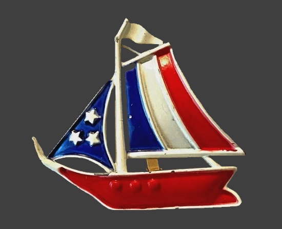 Patriotic US flag white red and blue enamel sailboat brooch