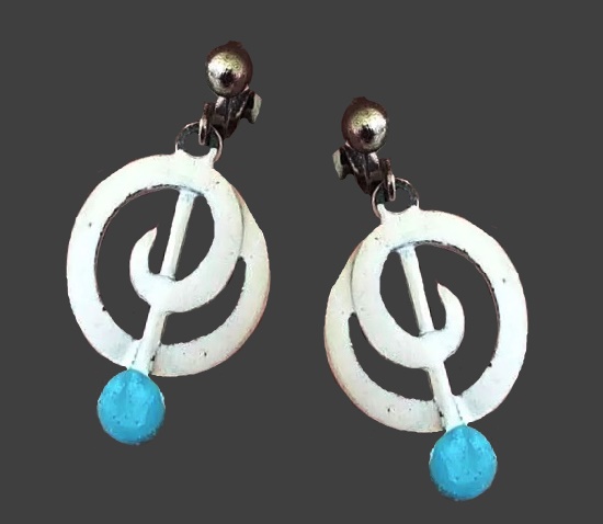 White blue enamel silver tone dangle earrings